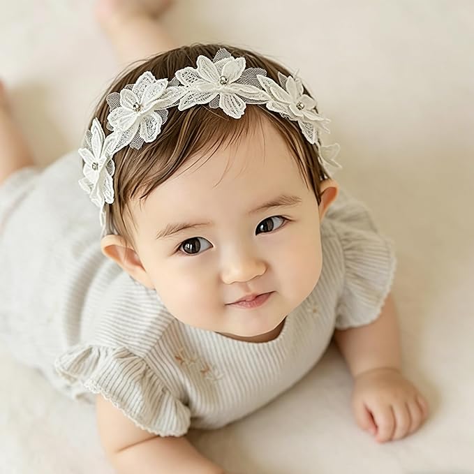 Baby Girls Flower Headbands Cute Kids Christening Headband Soft Lace Hairbands Floral Crown Newborn Infant Toddlers Hair Accessories for Birthday Party Photography(White Rhinestones Pearl)