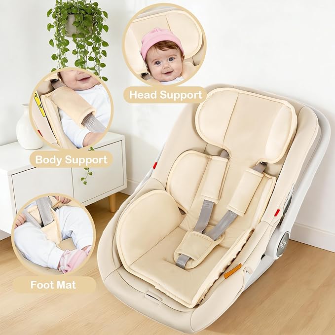 Hooyax Infant Car Seat Insert with Ultra-Thick Head Support - Universal 3-in-1 Baby Car Seat Cushion Set, Dual-Sided Newborn Carseat Insert for Carseat, Stroller, Bouncer, Swing(Apricot)