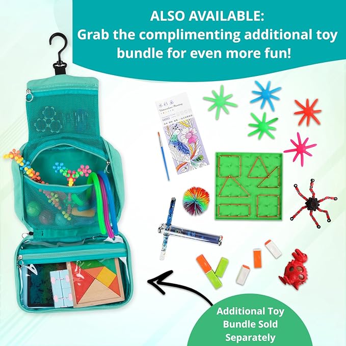 Travel Essentials for Kids – All-in-One Hanging Bag with Kid Toys, Road Trip Activities for Kids, Sensory Toys & Travel Games for Airplane Trips, Car Rides, Gifts for Boys & Girls Ages 4+ (Pink)