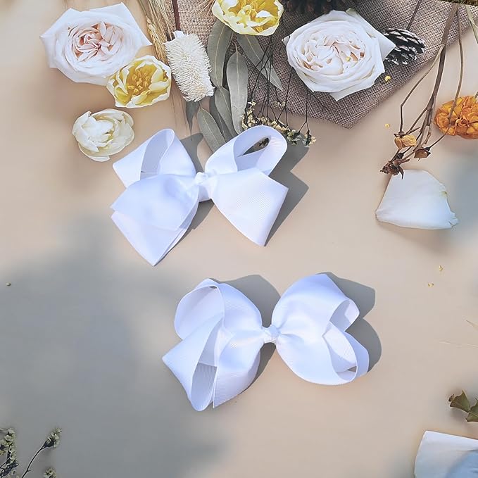 2 PCS 6inchs Hair Bows for Girls Grosgrain Ribbon Hair Bow Alligator Clips Hair Accessories for Baby Girls Toddlers(White)