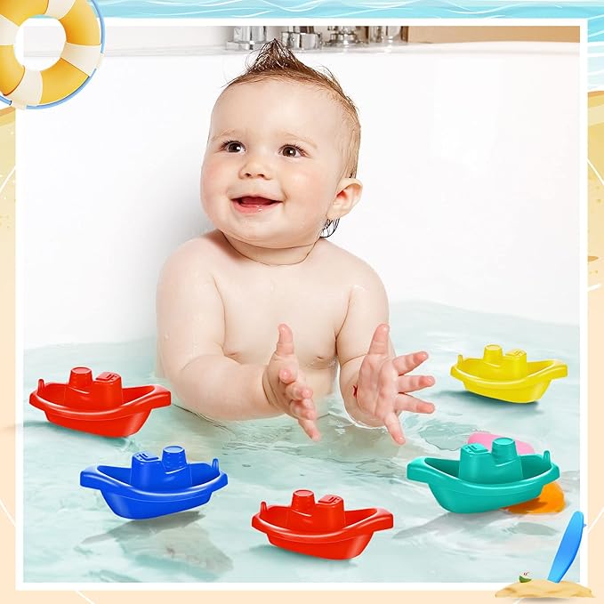 Woanger 60 Pcs Little Boat Bath Toys Stackable Floating Plastic Toys for Baby and Toddler Summer Pool and Bathtub Party, Vibrant, 4 Colors (Colorful)