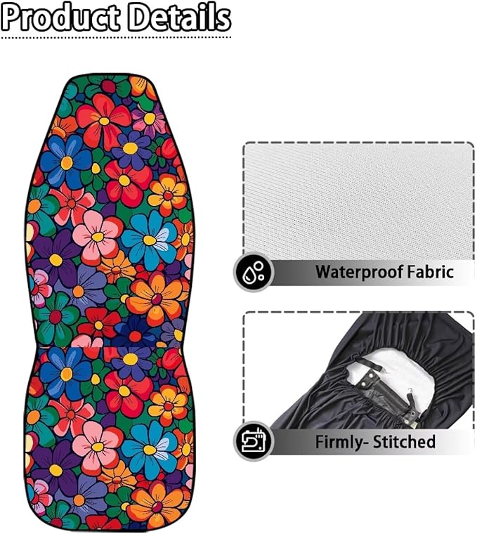 Cute Hippie Flower Car Seat Covers 2 Pcs Stretch Polyester Fabric Cover Waterproof Car Seat Cover Easy Installation Universal Size Fit for Most Cars SUVs Trucks Vans