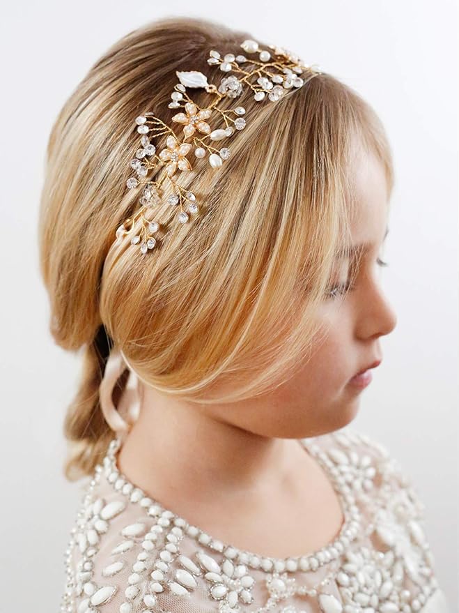 SWEETV Flower Girl Headband for Wedding, Baby Girl Flower Pearl Hair Piece, Gold Headpiece for Birthday Party, Photography