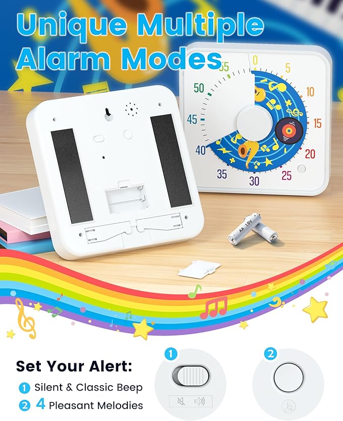BellMan 8 Inch Large Visual Timer for Kids and Adults, Non-Ticking Visual Countdown Timers with 5 Music Alarm for Classroom Desk Countdown Clock with Magnetic Backing (White)