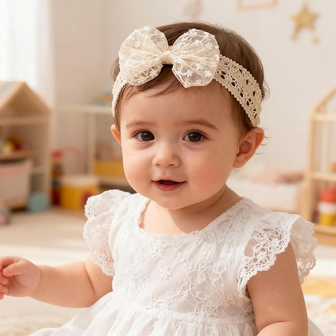 Baby Girls Bow Lace Headband Cute Soft Hairband White Butterfly Knot Headbands for Newborn Infants Toddlers Kids Christening Baptism Birthday Party Hair Accessories（Beige B）