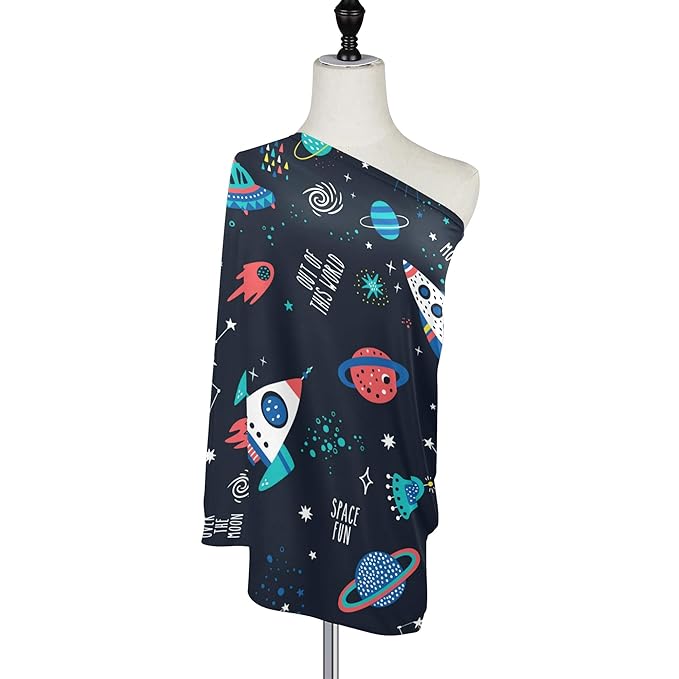 Outer Space Pattern Rocket Planet UFO Star Constellation Nebula Stretchy Baby Car Seat Cover Infant Canopy Nursing Covers Breastfeeding Cover Breathable Windproof Winter Scarf for Boys Girls