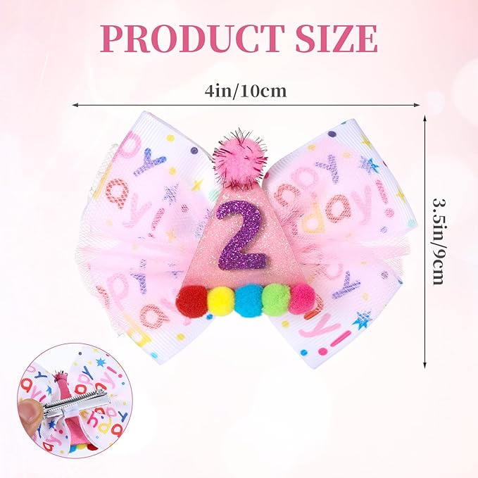 2Pcs Birthday Hair Bow for Baby Girls 1 2 3 4 5 6 Years, Pink Confetti Ice Cream Party Decorations, Sparkling Bows Hair Accessories for 2nd Birthday