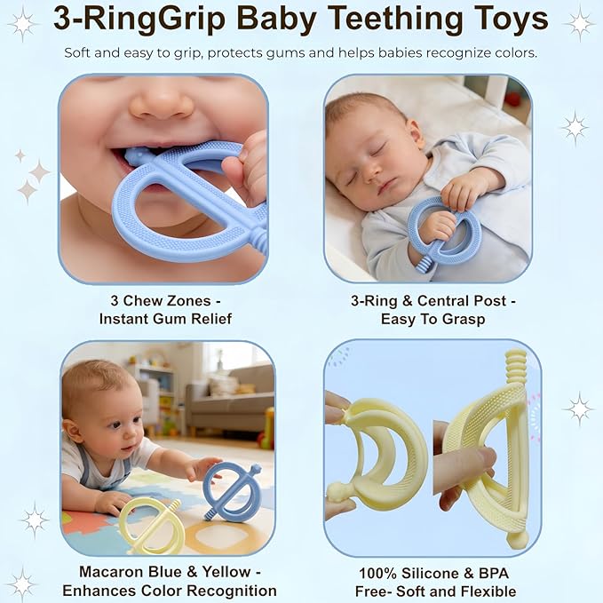 2-Pack Baby Teething Toys, Food Grade BPA-Free Silicone Baby Teether for 3-18 Months, Ring-Shaped Teething Toy for Babies, Multi-Textured Choke-Proof Easy Grip Teether for Infants (Blue&Yellow)