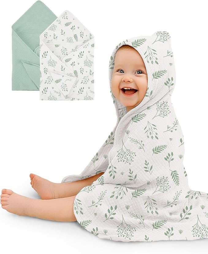 Hooded Baby Towels 2 Pack, Muslin Baby Bath Towels with Hood for Newborn Infant and Toddler, Soft Breathable & Absorbent, 32" x 32" (Fern - Leaf & Sage, Heavyweight)