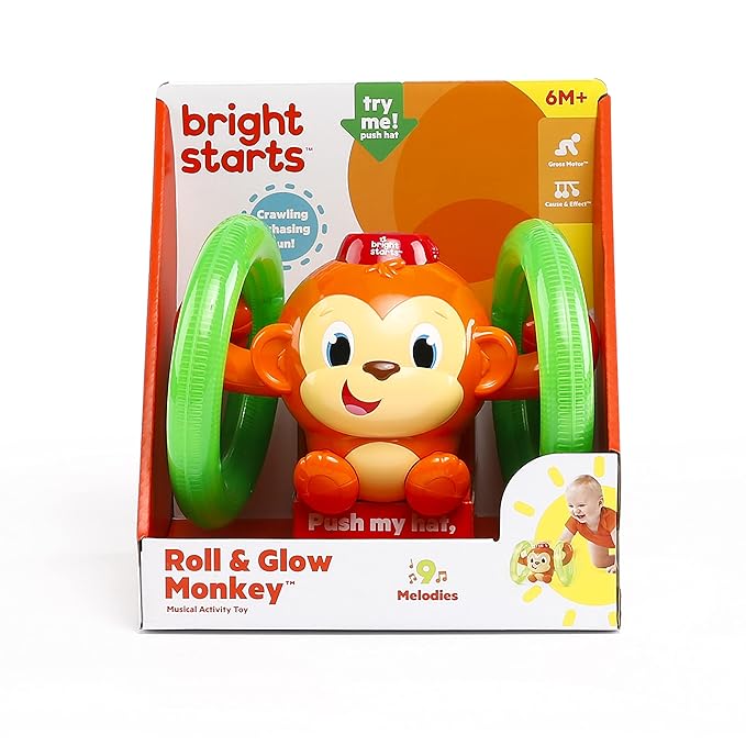 Bright Starts Roll & Glow Monkey Crawling Baby Toy with Lights and Sounds, Tummy Time Toy, 6 Months and up