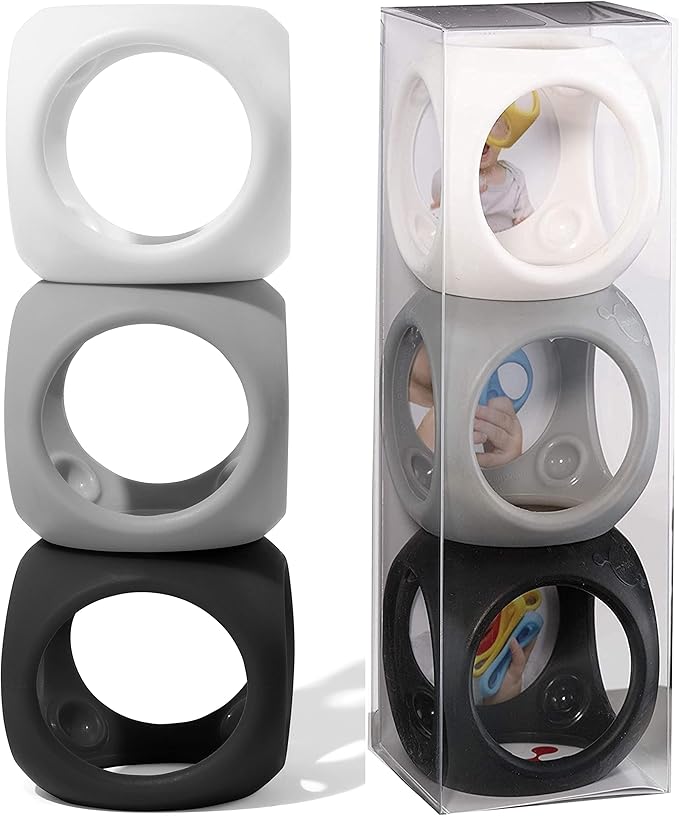 MOLUK Oibo 3-Piece Set - Monochrome | Sensory Stacking Toy, Gripping Ball, and Teether | 100% Silicone Baby Toy for 0+ Months (White, Dark Grey, Black)