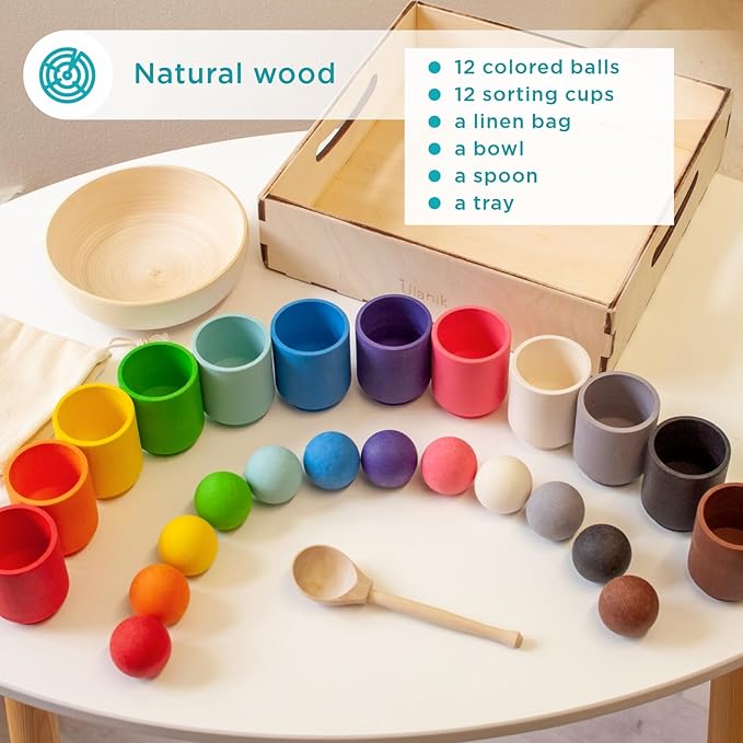 Ulanik Large Balls in Cups Toddler Montessori Toys for 1 Year Old + Kids, Preschool Wooden Matching Games for Learning Color Sorting and Counting - 12 Balls