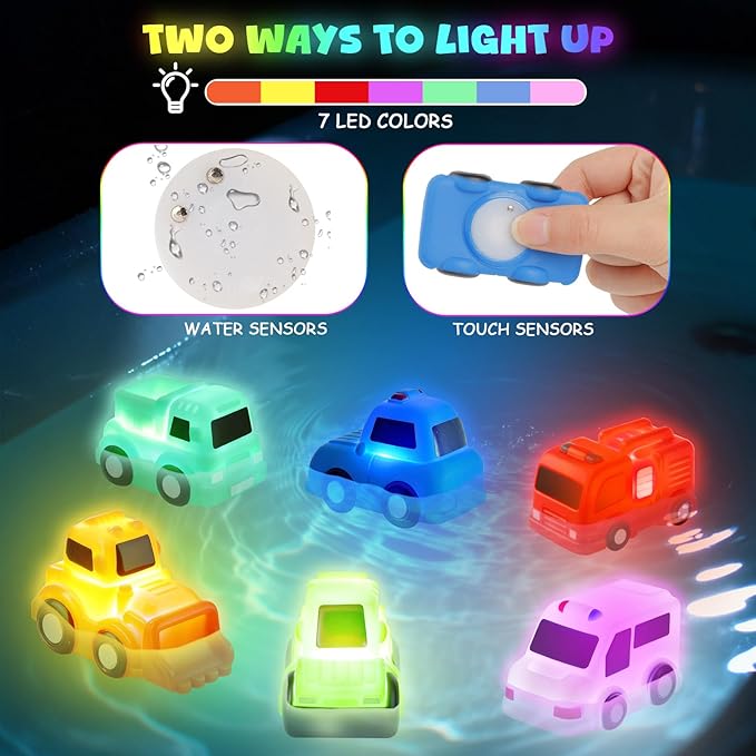 Baby Bath Toys, 6 Pack Light Up Cars Bath Toys, No Hole No Mould Bathtub Toy for 1 2 3 Year Olds, Flashing LED Sensory Toy for Toddlers, Bath Time Shower Gifts for Boys and Girls