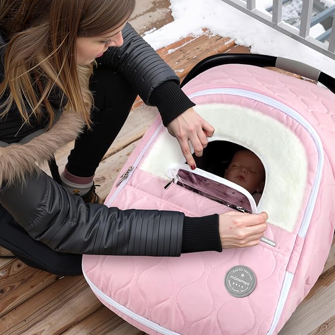 Winter Baby Car Seat Cover, Waterproof, Windproof Warm Fleece Breathable with Full Zipper for Newborn Car Seat, Pink