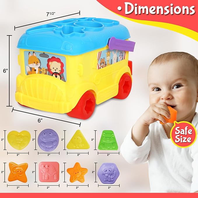 Bus Shape Sorter Toy - Kids Block Sorter with 16 Colorful Shapes - Sorting Toys for Toddlers 1-3 - Creative Play Learning Skills Development
