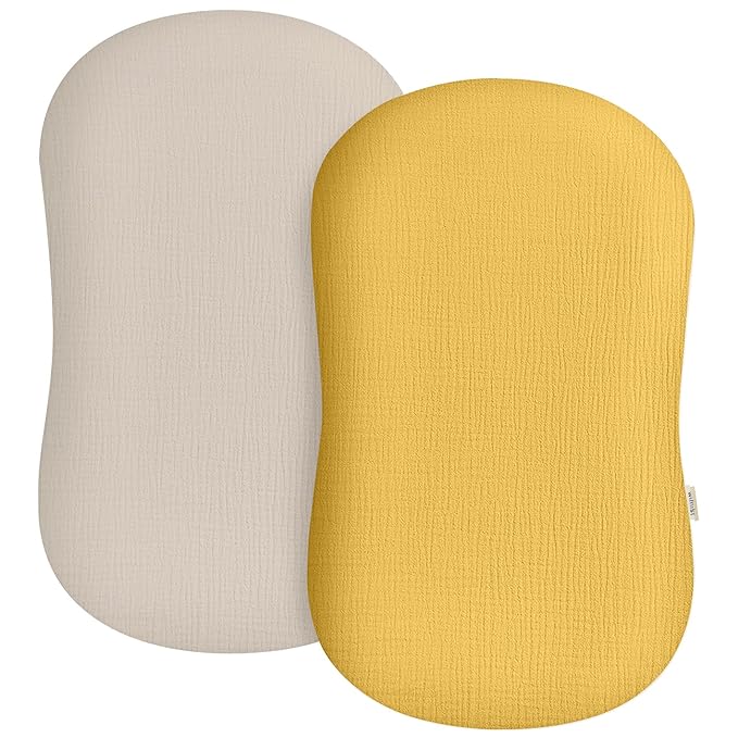 Muslin Baby Lounger Cover 2 Pack, Soft Breathable Newborn Lounger Pillow Cover for Boys Girls Infant (Beige & Mustard Yellow)