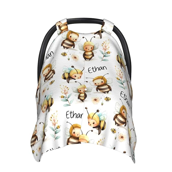 Personalized Winter Carseat Cover for Baby Custom Name Car Seat Canopy for Newborn Baby Boys Girls 2 in 1 Mom Nursing Breastfeeding Covers Bee Minky Baby Carrier Stroller Covers