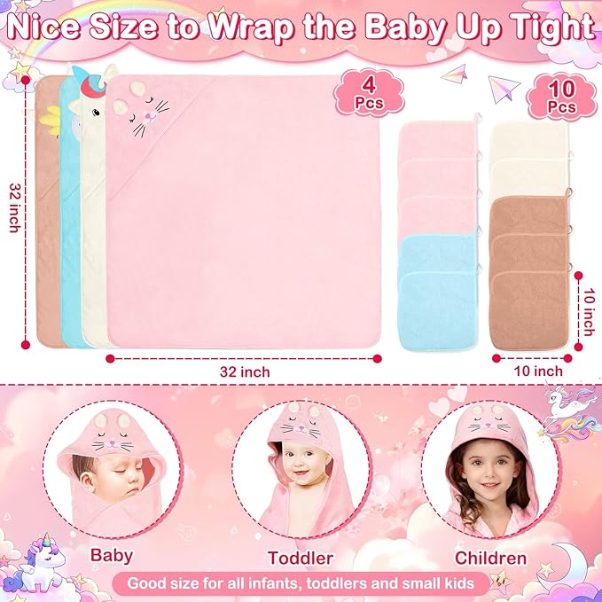 Flasoo 14 Pcs Baby Towel Set, Soft Baby Bath Towels and Washcloths Set, 4 Pcs 32x32 in Animal Hooded Bath Towel & 10 Pcs Baby Washcloths for Infants, Toddlers and Kids for Boys or Girls