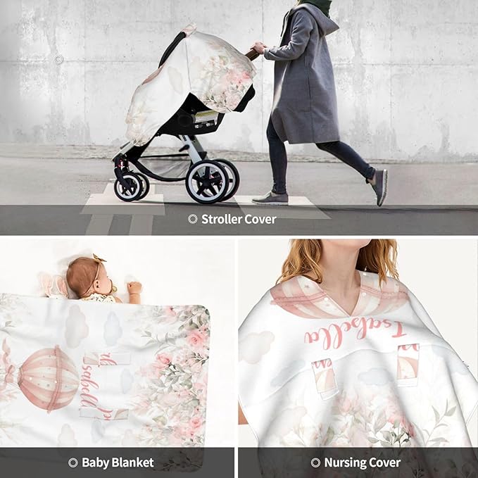 Hot Air Balloon Baby Car Seat Cover with Custom Name – Multipurpose Nursing Cover, Stroller Cover, Breastfeeding Privacy Canopy – Soft Breathable Blanket for Girls, Shower Gift