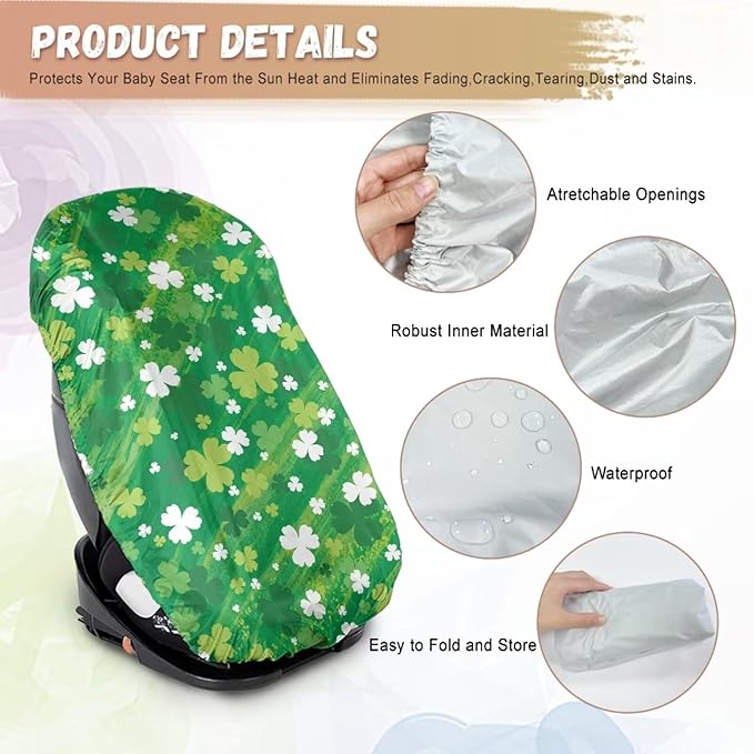 St. Patricks Day Car Seat Cover, Green Leaf Car Seat Sun Shade Cover St. Patricks Day Decor Cooler Temperature Infant Car Seats Reflective Heat Protector, UV Protection Toddler Carseat Cover