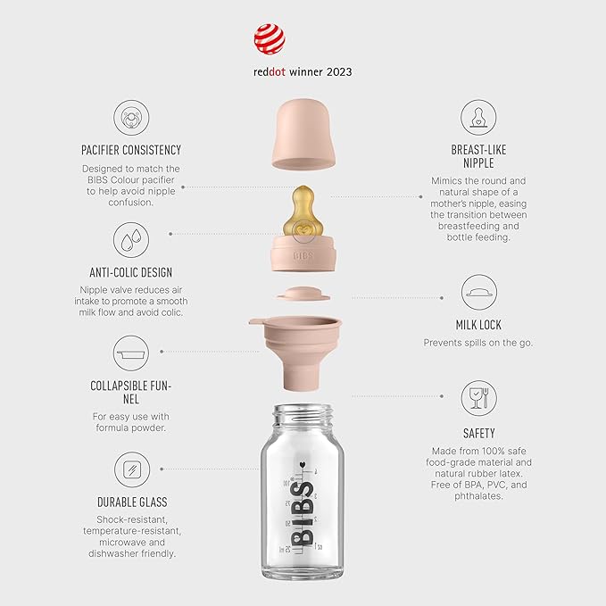 Bibs Baby Glass Bottle | Newborn Anti-Colic Baby Borosilicate Glass Bottles | Natural Vented Round Natural Rubber Latex Nipple | Consistent Flow Rate | 3.7 oz/110 ml | 2 Pack | Blush/Woodchuck