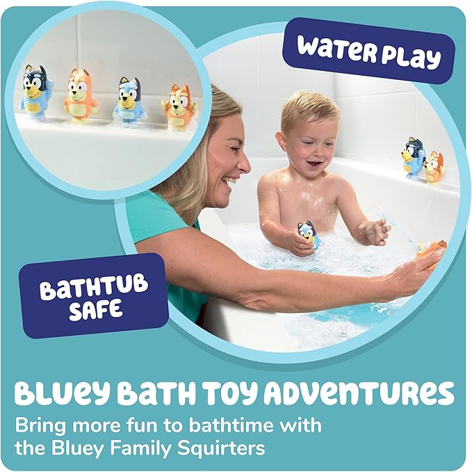 TOMY Toomies Bluey Bath Toy Squirters - Includes Bandit, Chilli, Bingo, and Bluey Figures – Toddler Water Toys for Pool or Bathtub Play - Toddler Toys Ages 18 Months and Up