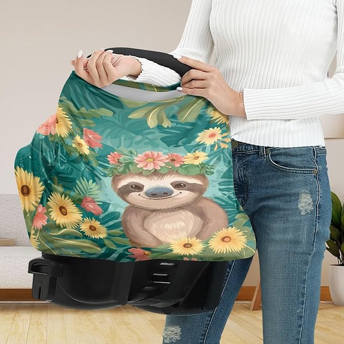 Wanyint Sloth Floral Print Car Seat Covers Canopy Covers for Boys Girls,Breathable Car Seat Covers Canopy-Breathable Soft Nursing Cover for Breastfeeding
