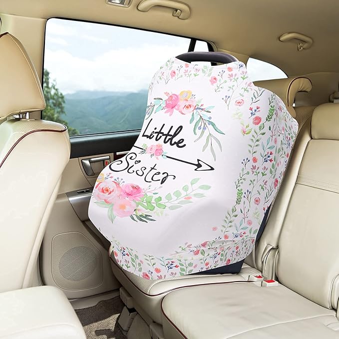Baby Car Seat Covers Girls, Little Sister Car Seat Canopy for Infant, Multiuse Nursing Covers, Floral Theme Newborn Carrier Cover Summer, Breastfeeding Scarf, Ultra-Soft Breathable