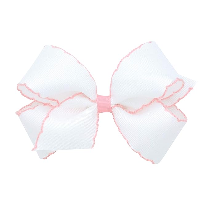 Wee Ones Girls' Classic Grosgrain Moonstitch Edge Hair Bow, No-Slip Hair Clip, Handmade, White with Light Pink, Medium