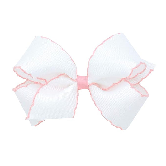 Wee Ones Girls' Classic Grosgrain Moonstitch Edge Hair Bow, No-Slip Hair Clip, Handmade, White with Light Pink, Medium