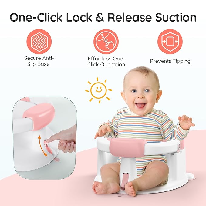 Baby Bath Seat Baby Bathtub - with Strong Suction Cups and 360° Surround Support – Easy Release, Non-Slip Cushion, Lockable Armrests – Infant Bath Chair for Babies 6-24 Months, Pink