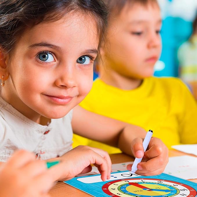 ZazzyKid Time Learning Analog Clock for Kids - Pack of 5 (7 x 8 Inches) with 5 Erasable Markers: Teach Children to Tell The Time