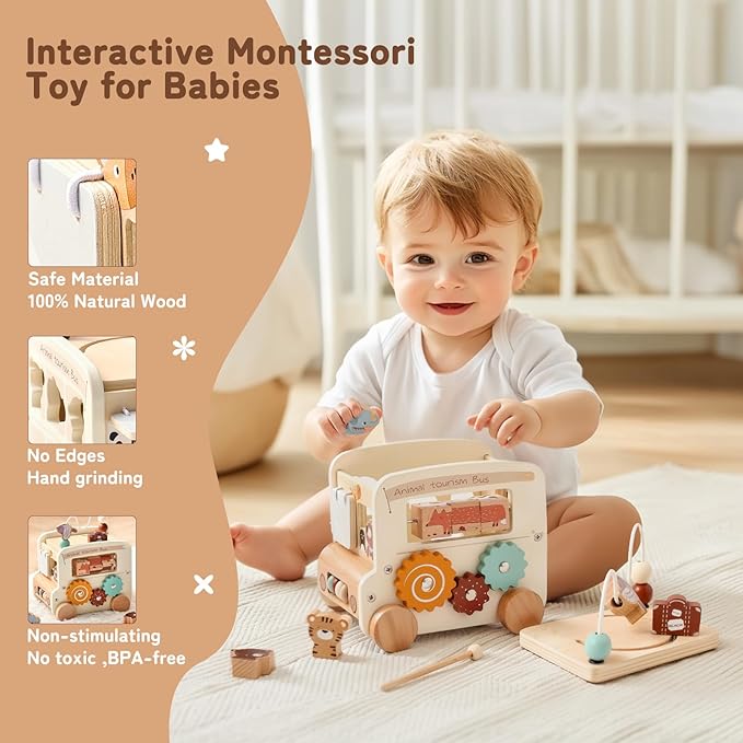 Wooden Activity Cube - 8 in 1 Montessori Toys Boys Girls, Multipurpose Educational Learning Toys for Toddlers Baby Activity Cubes with Animal Tourism Bus Theme