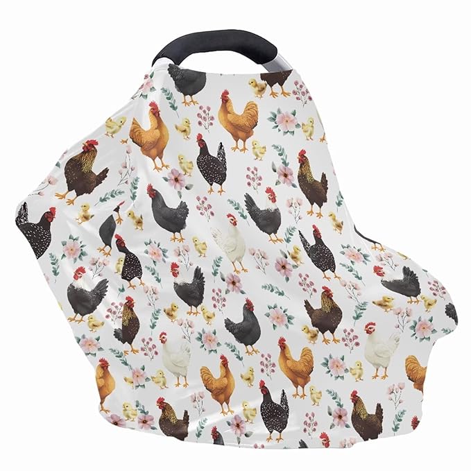 Binienty Babies Car Seat Cover - Rooster Floral Car Seat Covers for Baby Girls Boys Stretchy Multi-Use Breastfeeding Scarf for Moms, Newborn Essentials Baby Shower Gifts