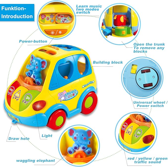 Baby Toys for 1 Year Old Boy Girl Gift Musical Bus Baby Toys 6-12-18 Months Toddler Early Learning Montessori Crawling Toy for 1 2 3 Year Old Boy with Music/Light/Smart Shapes Christmas Birthday Gifts