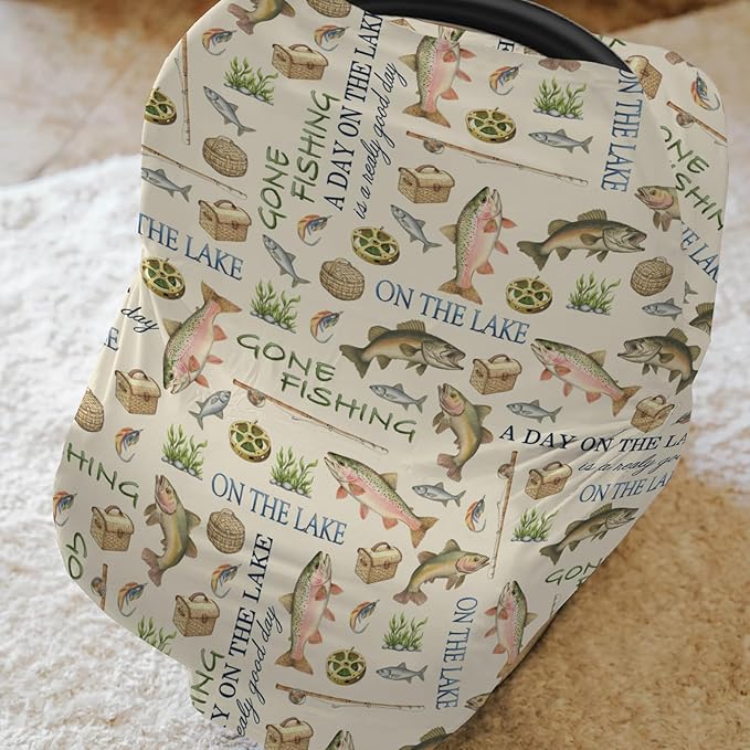 Gone Fishing Car Seat Cover for Babies Vintage Lake Fishing Lovers Gift Stretchy 5-in-1 Covers Adjustable Car Canopy Cover Vacation Outdoors Adventure Breathable Nursing Cover-Up