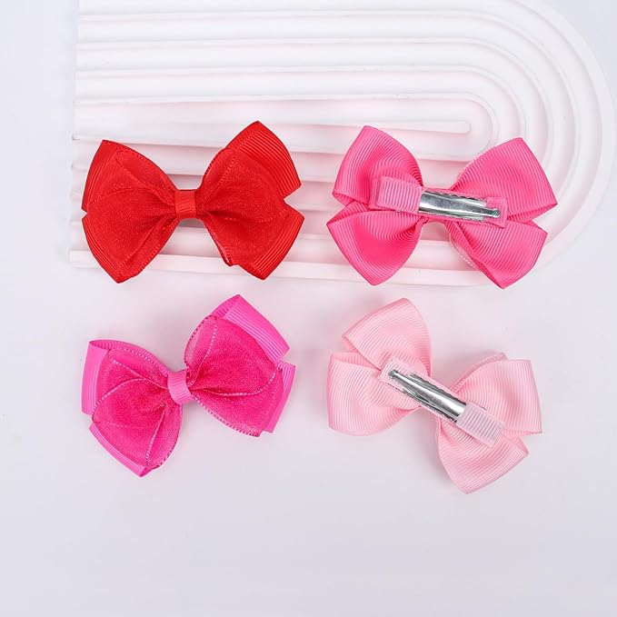 Tiny 3 Inch Organza Double Hair Bow Clips - Lined Boutique Alligator Hairpin for Baby Girls, Toddlers, and Little Teens - Kids Barrettes Set of 2 Small Stylish (Deep Hot Pink)