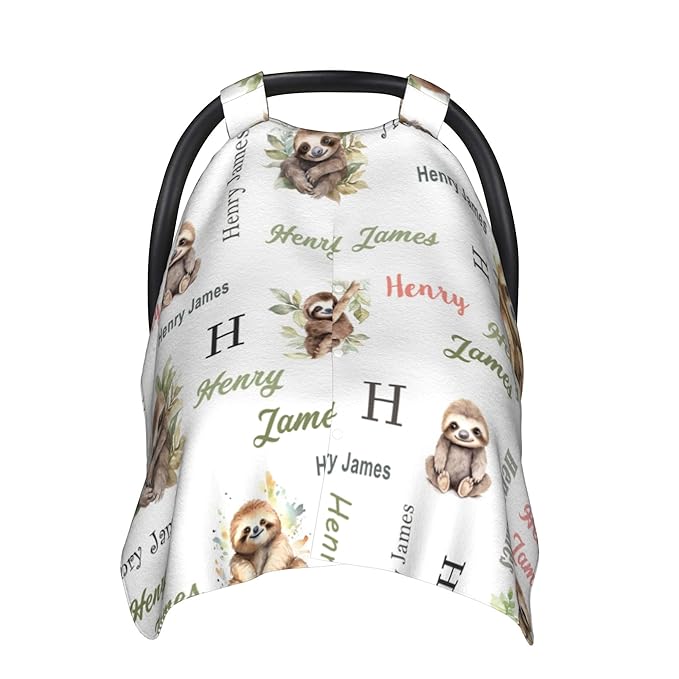 Personalized Winter Baby Car Seat Cover with Name Sloth Winter Car Seat Cover for Baby Seat or Stroller Custom Infant Car Seat Covers Minky Blankets Nursing Cover Breastfeeding Scarf