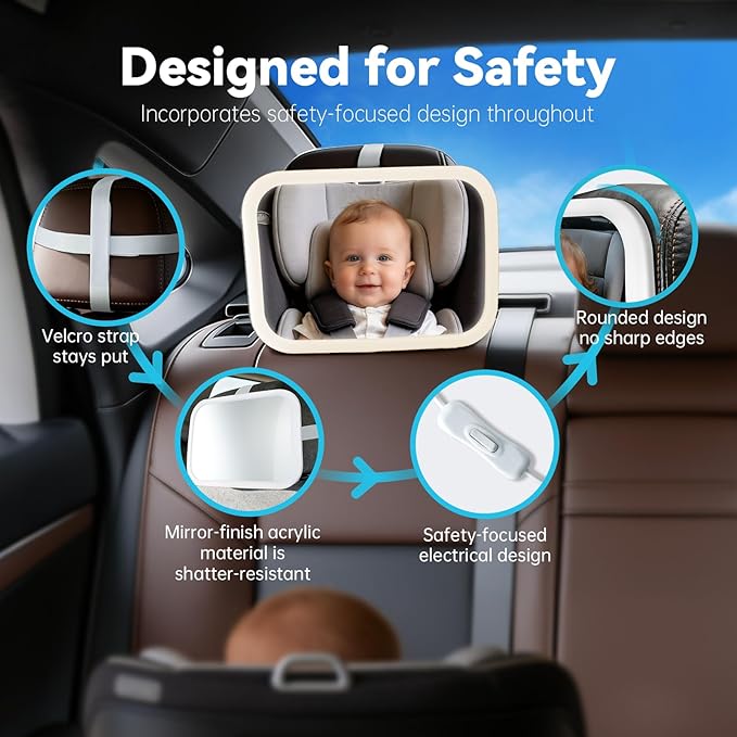 Baby Car Mirror with Remote Control Light, Shatterproof, 360° Adjustable Wide View with Night Vision, Easy Install for Rear Facing Infant Backseat (Voice gradient white)