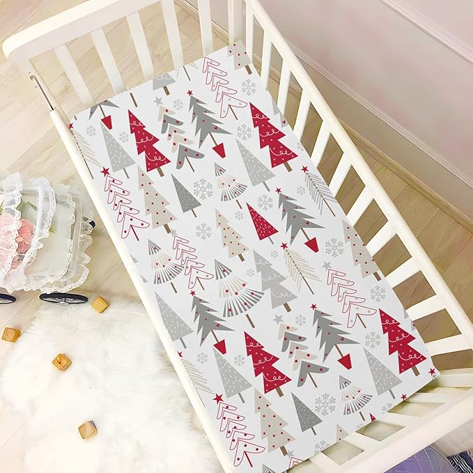 Fitted Crib Sheets Christmas Cartoon Tree Stretchy Portable Playard Sheets for Baby Toddler, Breathable Soft Mini Crib Mattress 52 x 28 in for Boys and Girls