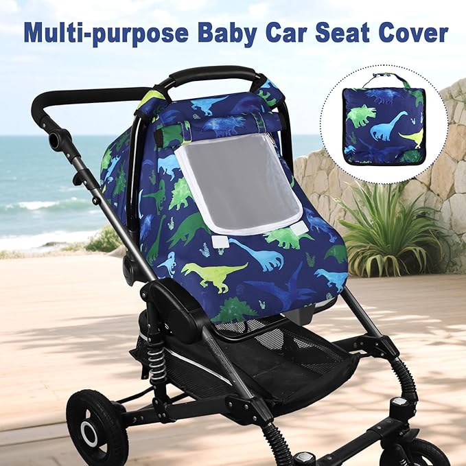 Windproof Baby Car Seat Cover, 3D Mink Dot Infant Car Seat Canopy with Breathable Mesh Window, Baby Carrier Cover for All Seasons, Easy Access Carseat Carrie Snug Fit Stroller, (Dinosaur)