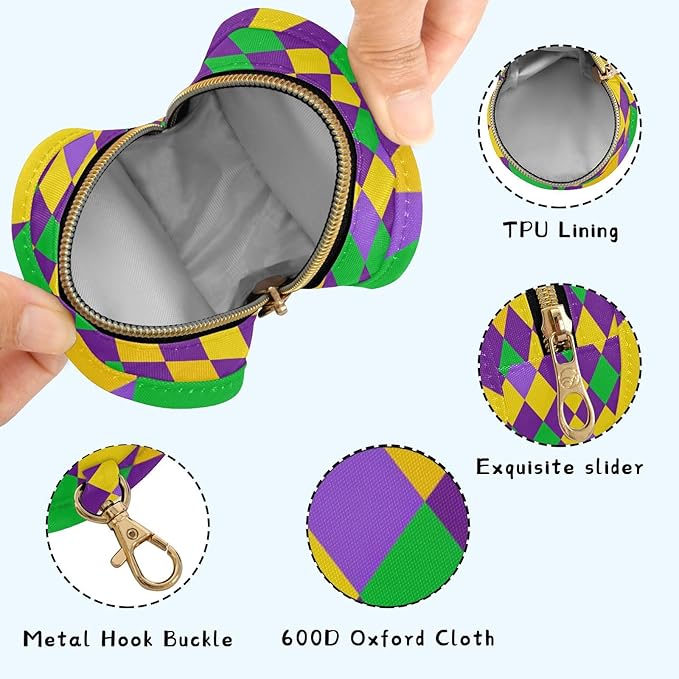 Pacifier Holder with Clip Pacifier Case for Diaper Bag Round Baby Pacifier Pouch Box Bag Portable Mardi Gras Argyle Purple
