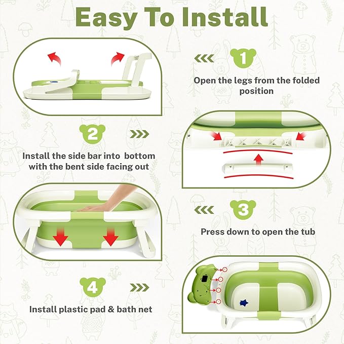 AVIDOR Baby Bathtub,Collapsible Bathtub for Newborn to Toddler,Durable Essential Infant Bath Tub,Portable Travel Baby Tub with Soft Cushion,No-Slip Hanging and Detachable(Green)