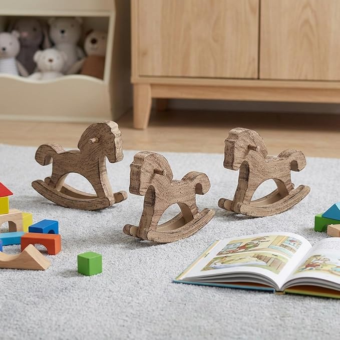 LOGOFUN 3PCS Vintage Carved Wooden Rocking Horse Tabletop Ornament for Party Favor Room Home Office Desk Centerpiece Decor - Brown