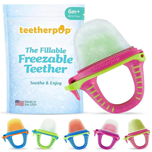 Teetherpop Fillable Freezable Teethers for Babies - Breastmilk Teether with Spill-Proof Sippy Slits – Teething Popsicle for Baby, Liquids & Purées, Cooling Teething Relief Feeder Pacifier - PinkLimon