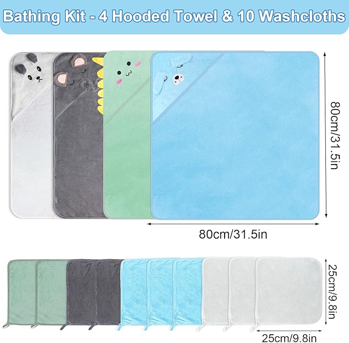 14PCS Baby Bath Towels Set, 4PCS Animal Hooded Baby Towels(31.5''x31.5'') & 10PCS Washcloths for Newborn, Toddler, Soft and Absorbent Coral Fleece, Essential Gifts for Boys & Girls