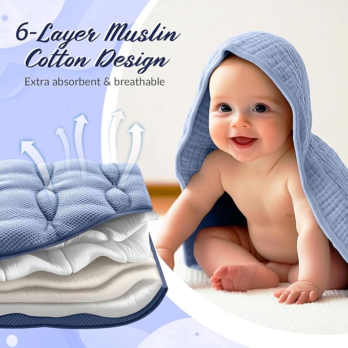 Hahafelt 6 Pcs Muslin Hooded Bath Towels Washcloths and Bibs Set, Muslin Cotton Baby Towels Absorbent Hooded Blanket Towel Infant Bibs for Boys Girls Newborn Infant Essential(Dark Blue, Light Blue)