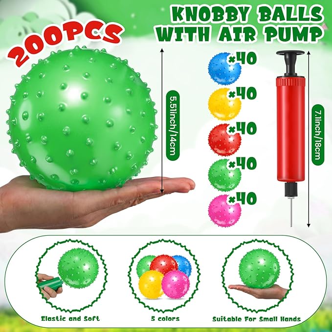 Lenwen 200 Pcs Kids Knobby Balls 5.5 Inch Soft Bouncy Balls Bulk for Toddlers Inflatable Sensory Toys with Air Pump Spiky Massage Stress Toys for Kindergarten Playground Backyard Pool, 5 Color