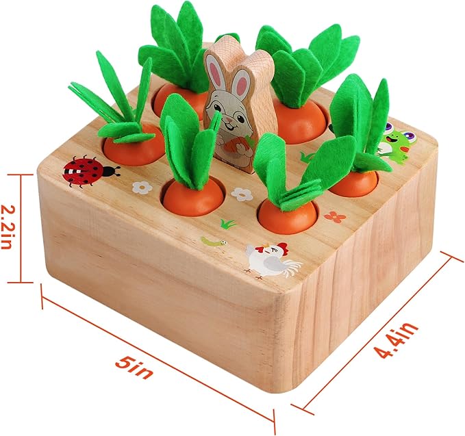 SKYFIELD Carrot Harvest Game Wooden Shape Sorting Puzzle for Baby Boys and Girls 1-3 Years, Montessori Gift Toy with 7 Sizes Carrots