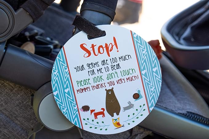 (Three Little Tots) No Touching baby Car Seat and Stroller TWO PACK- Baby Safety No Touching Car Seat Sign, Stroller Sign, Newborn Car Seat Tag- CPSIA Safety Tested (Flower/Woodlands)